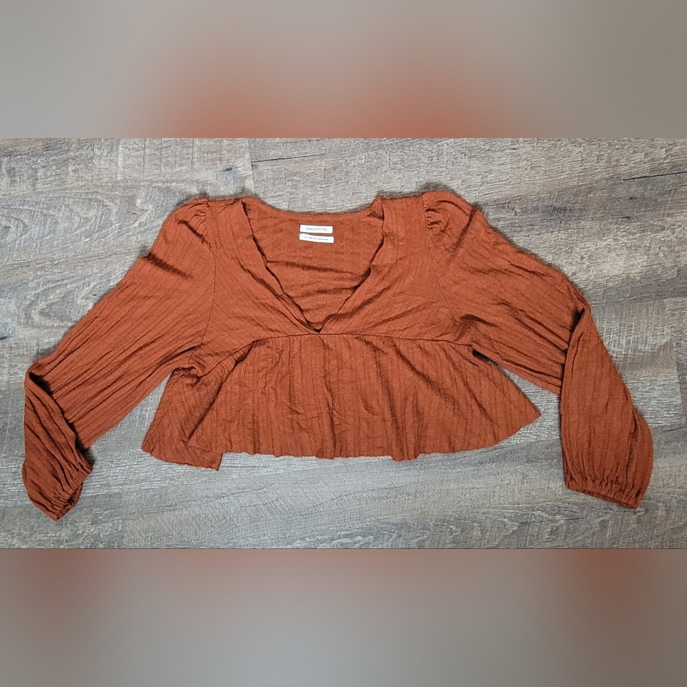 Urban Outfitters Prairie Ribbed Babydoll Top Womens S Teracotta Cropped Boho - Picture 6 of 11